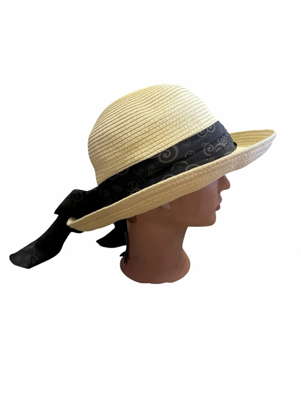 Disney Parks Authentic Original Women Straw Sun Hat Black Ribbon Bow Cream Adult